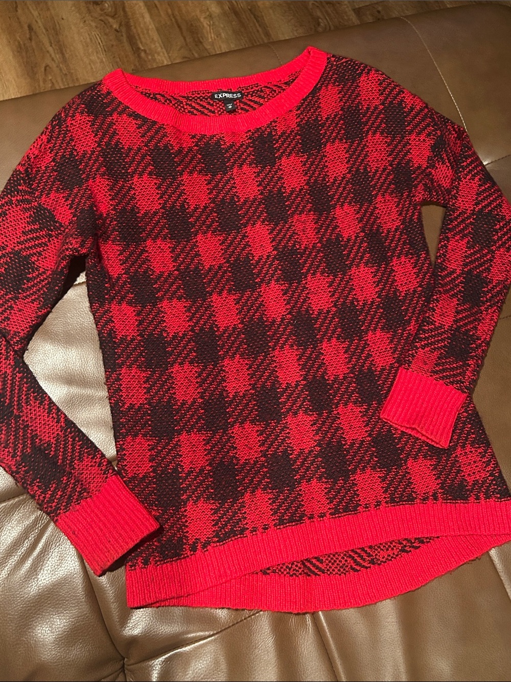 Express Red and Black Buffalo Plaid Crew Neck Sweater